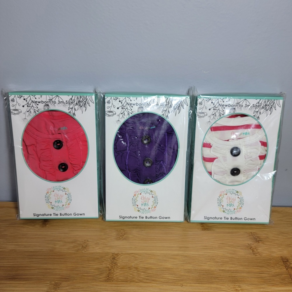 Gigi and Max Signature Tie Button Gown Lot of 3 Bamboo Newborn to 3m Pink Purple